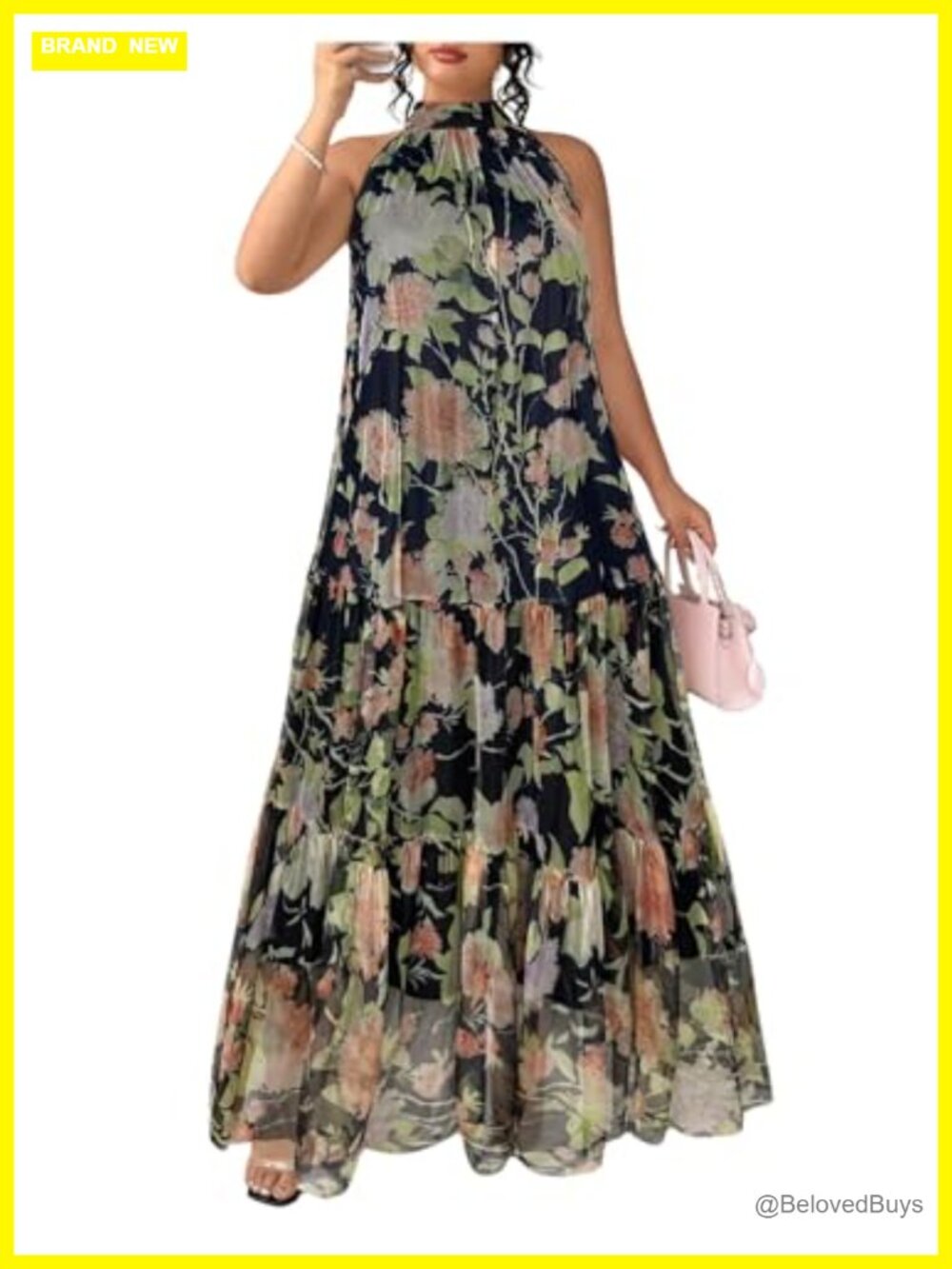 Plus Size Halter Maxi Dress Sleeveless Ruffled Hem Wedding Guest